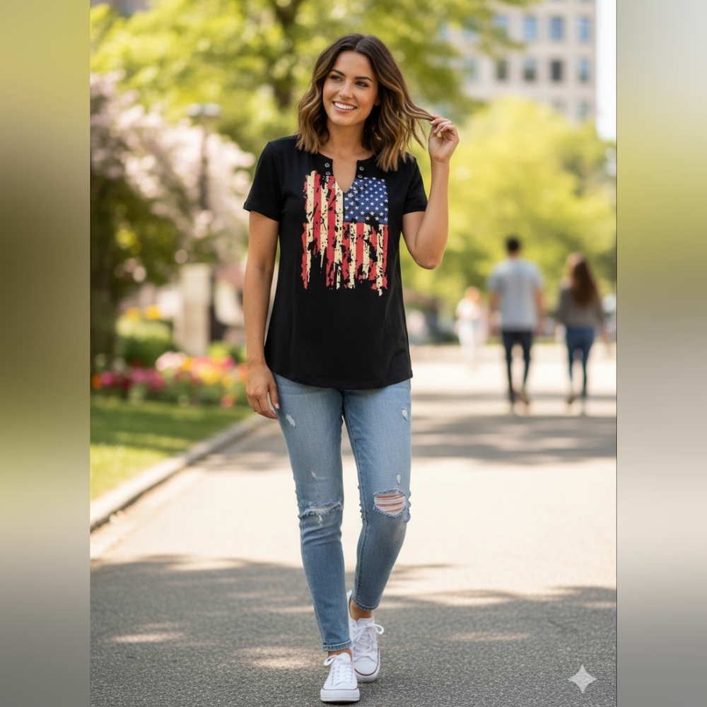 Women's Size Small Black Patriotic Graphic Tee 4th of July USA American Flag